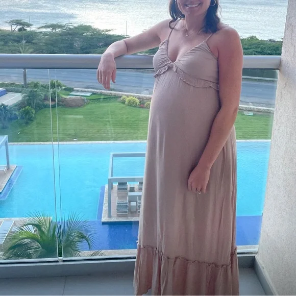 PINKBLUSH Taupe Sleeveless V Neck Maternity Dress - Picture 2 of 3